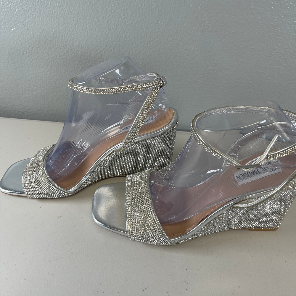 Steve Madden Sophey Sz 10 Silver Rhinestone Wedge Sandals Ankle Strap Sparkly - Picture 5 of 13